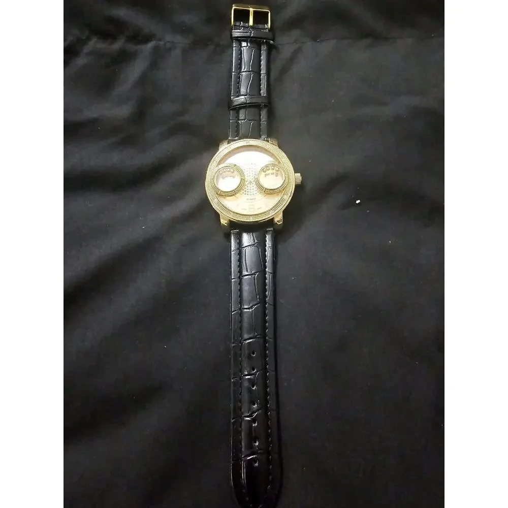Gold Men's Fashion Analog Quartz Wristwatch 54.4mm Black Faux Leather Band